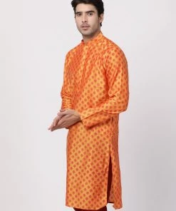 Vastramay Men's Orange Cotton Silk Blend Kurta