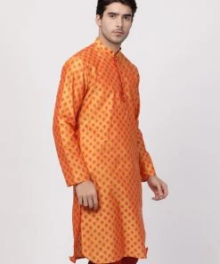 Vastramay Men's Orange Cotton Silk Blend Kurta