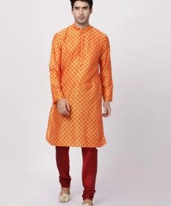 Vastramay Men's Orange Cotton Blend Kurta And Pyjama Set