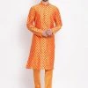 Vastramay Men's Orange Cotton Blend Kurta And Pyjama Set