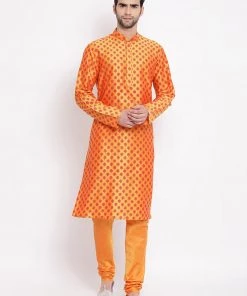 Vastramay Men's Orange Cotton Blend Kurta And Pyjama Set