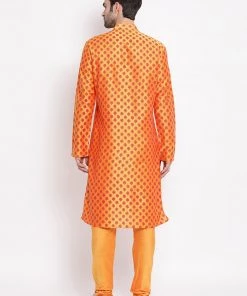 Vastramay Men's Orange Cotton Blend Kurta And Pyjama Set