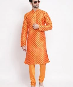 Vastramay Men's Orange Cotton Blend Kurta And Pyjama Set