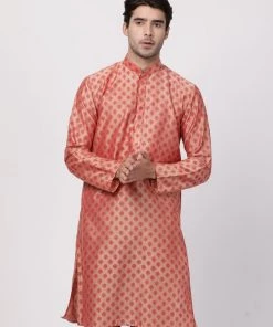 Vastramay Men's Pink Cotton Silk Blend Kurta