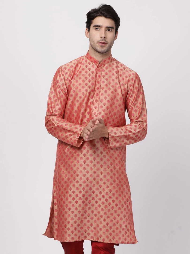 Vastramay Men's Pink Cotton Silk Blend Kurta 3 Vastramay Men's Pink Cotton Silk Blend Kurta