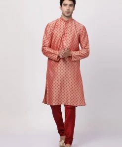 Vastramay Men's Peach Cotton Blend Kurta And Churidar Set