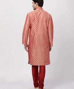 Vastramay Men's Peach Cotton Blend Kurta And Churidar Set