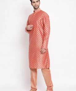 Kurta Pyjama Vastramay Pink Printed Silk Blend Baap Beta Kurta And Pyjama Set
