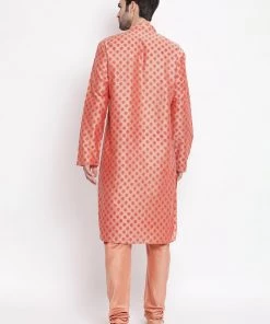 Vastramay Men's Peach Cotton Blend Kurta And Churidar Set