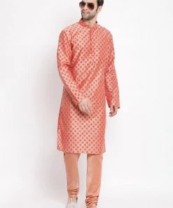 Vastramay Men's Peach Cotton Blend Kurta And Churidar Set