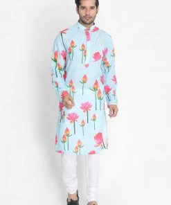 Vastramay Men's Light Blue Cotton Linen Blend Kurta