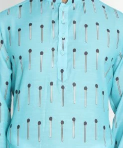 Vastramay Men's Light Blue Cotton Blend Kurta