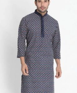 Vastramay Men's Blue Cotton Blend Kurta