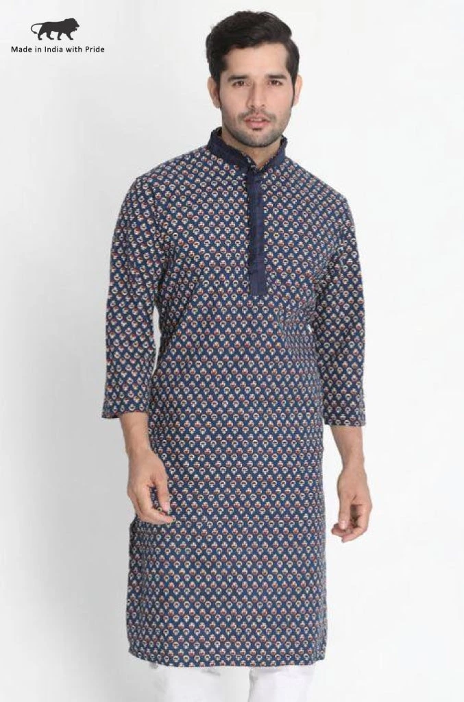 Vastramay Men's Blue Cotton Blend Kurta 3 Vastramay Men's Blue Cotton Blend Kurta