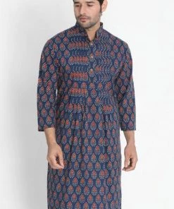 Vastramay Men's Dark Blue Cotton Blend Kurta