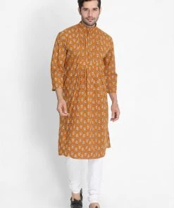 Vastramay Men's Yellow Cotton Blend Kurta