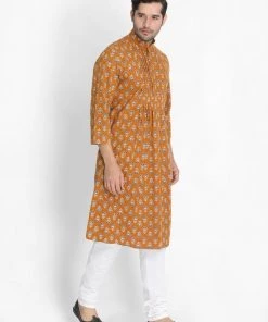Vastramay Men's Yellow Cotton Blend Kurta And Churidar Set