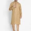 Vastramay Men's Beige Silk Blend Kurta And Churidar Set