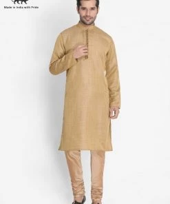 Vastramay Men's Beige Silk Blend Kurta And Churidar Set