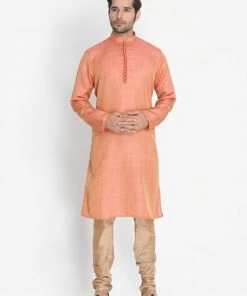 Vastramay Men's Pink Silk Blend Kurta And Churidar Set Buy 1 Get 1