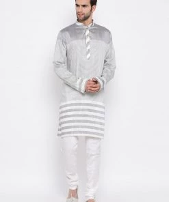 Vastramay Men's Grey Cotton Blend Kurta And Pyjama Set