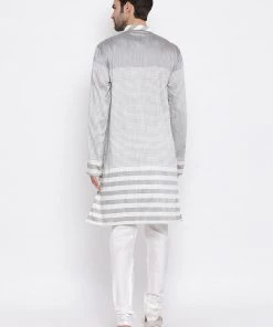 Vastramay Men's Grey Cotton Blend Kurta And Pyjama Set