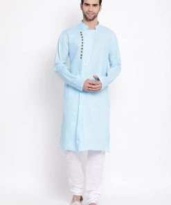 Vastramay Men's Blue Mix Cotton Kurta And Pyjama Set