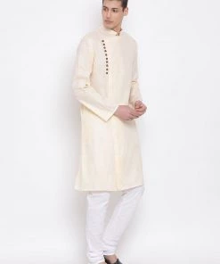 Vastramay Men's Cream Mix Cotton Kurta And Pyjama Set