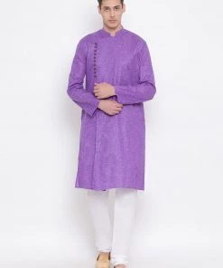 Vastramay Men's Purple Mix Cotton Kurta And Pyjama Set