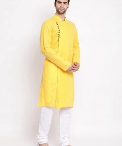 Vastramay Men's Yellow Mix Cotton Kurta And Pyjama Set Buy 1 Get 1