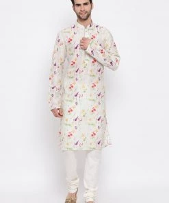Vastramay Men's Cream Cotton Blend Kurta And Pyjama Set