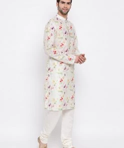 Vastramay Men's Cream Cotton Blend Kurta And Pyjama Set