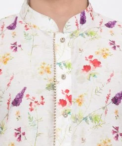 Vastramay Men's Cream Cotton Blend Kurta And Pyjama Set