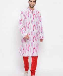 Vastramay Cotton Blend Multicolor-Base-White Baap Beta Kurta Pyjama Set