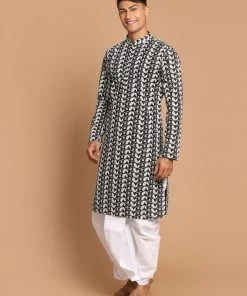 Kurta Sets VASTRAMAY Men's Black Chickankari Kurta With White Dhoti