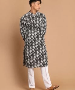 VASTRAMAY Men's Black Chickankari Kurta With White Pyjama