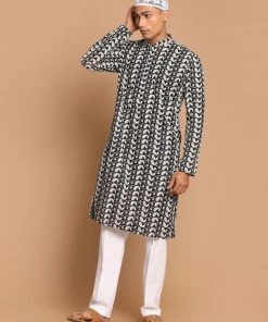 VASTRAMAY Men's Black Chickankari Kurta And White Pyjama With Prayer Cap Kurta Sets