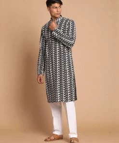 VASTRAMAY Men's Black Chickankari Kurta And White Pyjama With Prayer Cap Kurta Sets