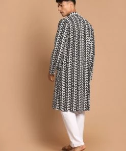 VASTRAMAY Men's Black Chickankari Kurta And White Pyjama With Prayer Cap Kurta Sets