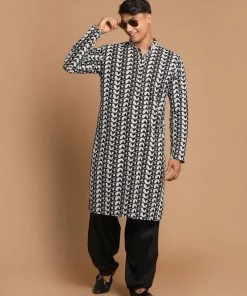 Rakhi VASTRAMAY Men's Black Embroidered Chikankari Pure Cotton Kurta With Patiala