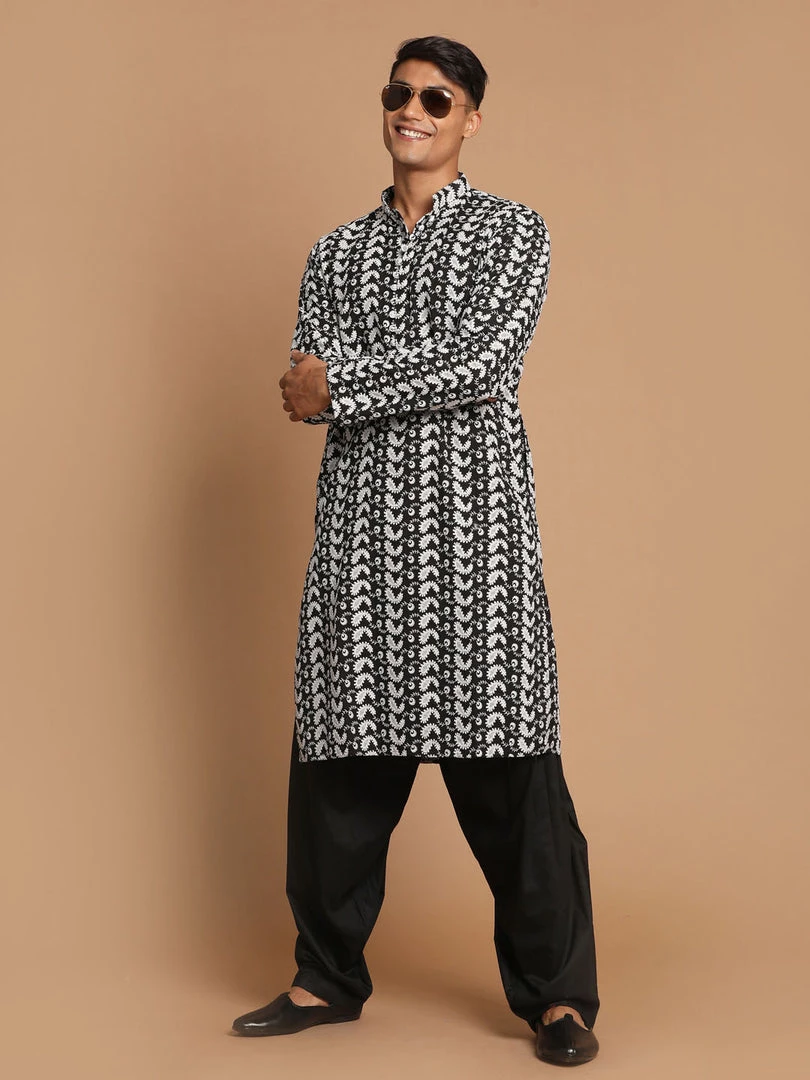 Rakhi VASTRAMAY Men's Black Embroidered Chikankari Pure Cotton Kurta With Patiala 4 Rakhi VASTRAMAY Men's Black Embroidered Chikankari Pure Cotton Kurta With Patiala