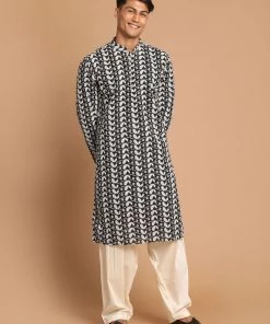 VASTRAMAY Men's Black Embroidered Chikankari Pure Cotton Kurta With Patiala