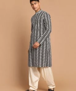 VASTRAMAY Men's Black Embroidered Chikankari Pure Cotton Kurta With Patiala
