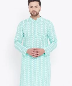 VASTRAMAY Men's Green Pure Cotton Chikankari Kurta