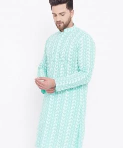 VASTRAMAY Men's Green Pure Cotton Chikankari Kurta