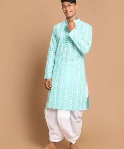 Kurta Sets VASTRAMAY Men's Green Chickankari Kurta With White Dhoti