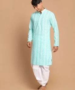 Kurta Sets VASTRAMAY Men's Green Chickankari Kurta With White Dhoti