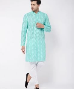 VASTRAMAY Men's Green And White Chikankari Kurta Pyjama Set 14 VASTRAMAY Men's Green And White Chikankari Kurta Pyjama Set