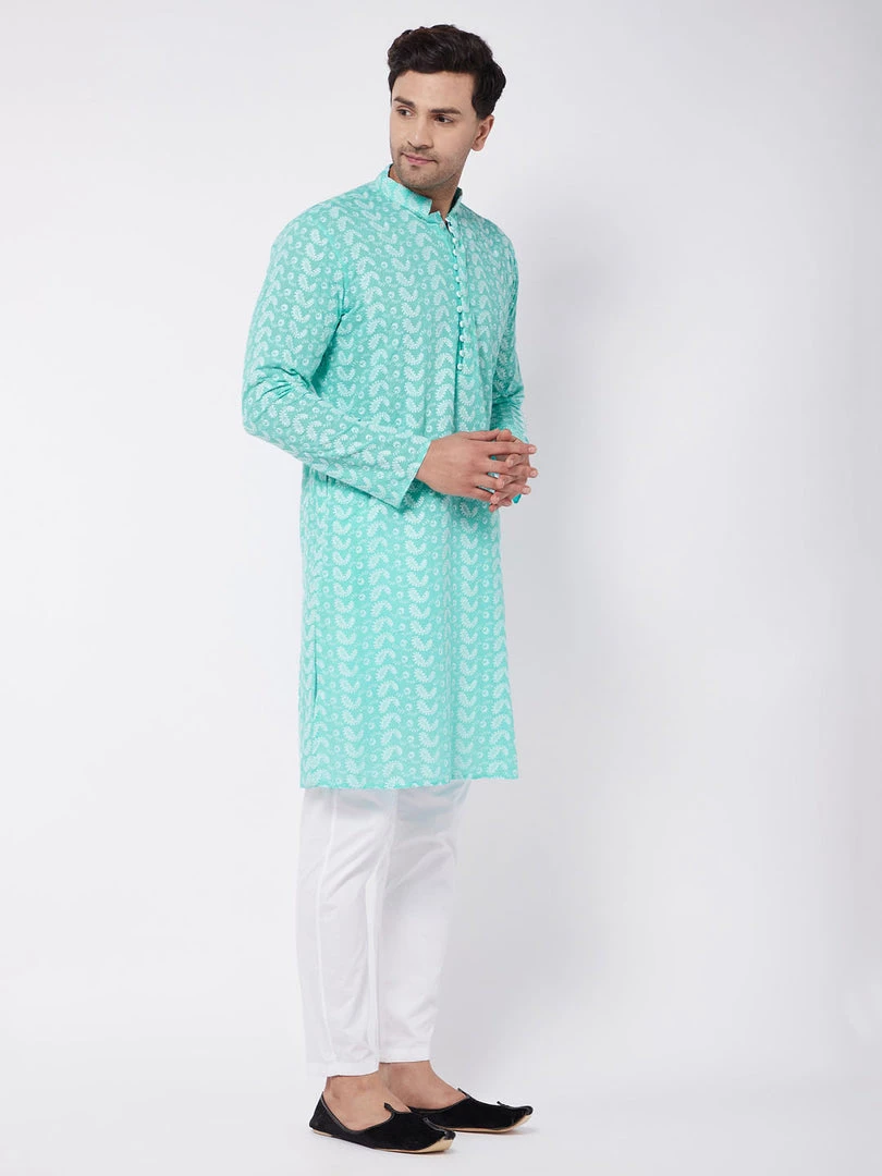 VASTRAMAY Men's Green And White Chikankari Kurta Pyjama Set 4 VASTRAMAY Men's Green And White Chikankari Kurta Pyjama Set