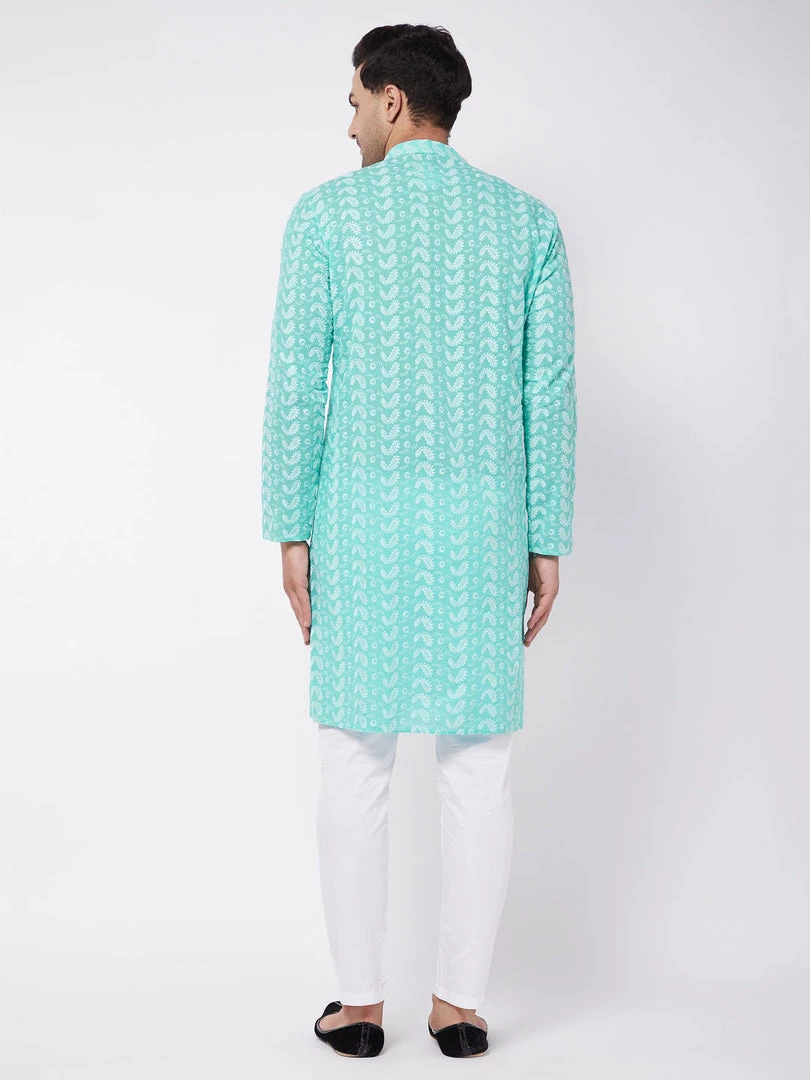 VASTRAMAY Men's Green And White Chikankari Kurta Pyjama Set 5 VASTRAMAY Men's Green And White Chikankari Kurta Pyjama Set